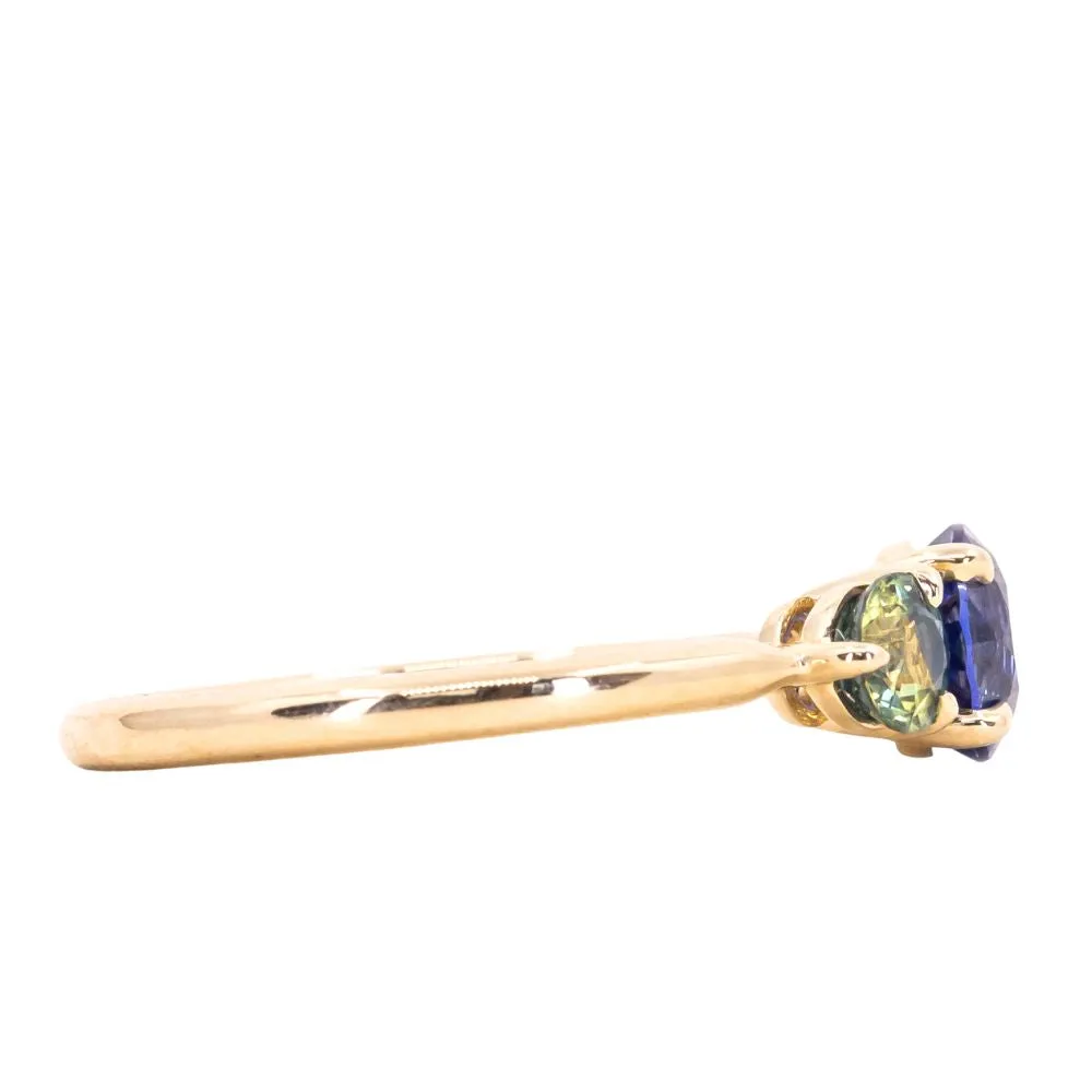 1.07ct Round Ceylon Sapphire and 3.8MM Round Sapphires Three Stone Ring in 14K Yellow Gold