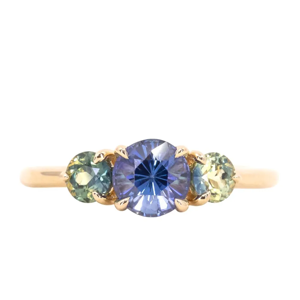 1.07ct Round Ceylon Sapphire and 3.8MM Round Sapphires Three Stone Ring in 14K Yellow Gold