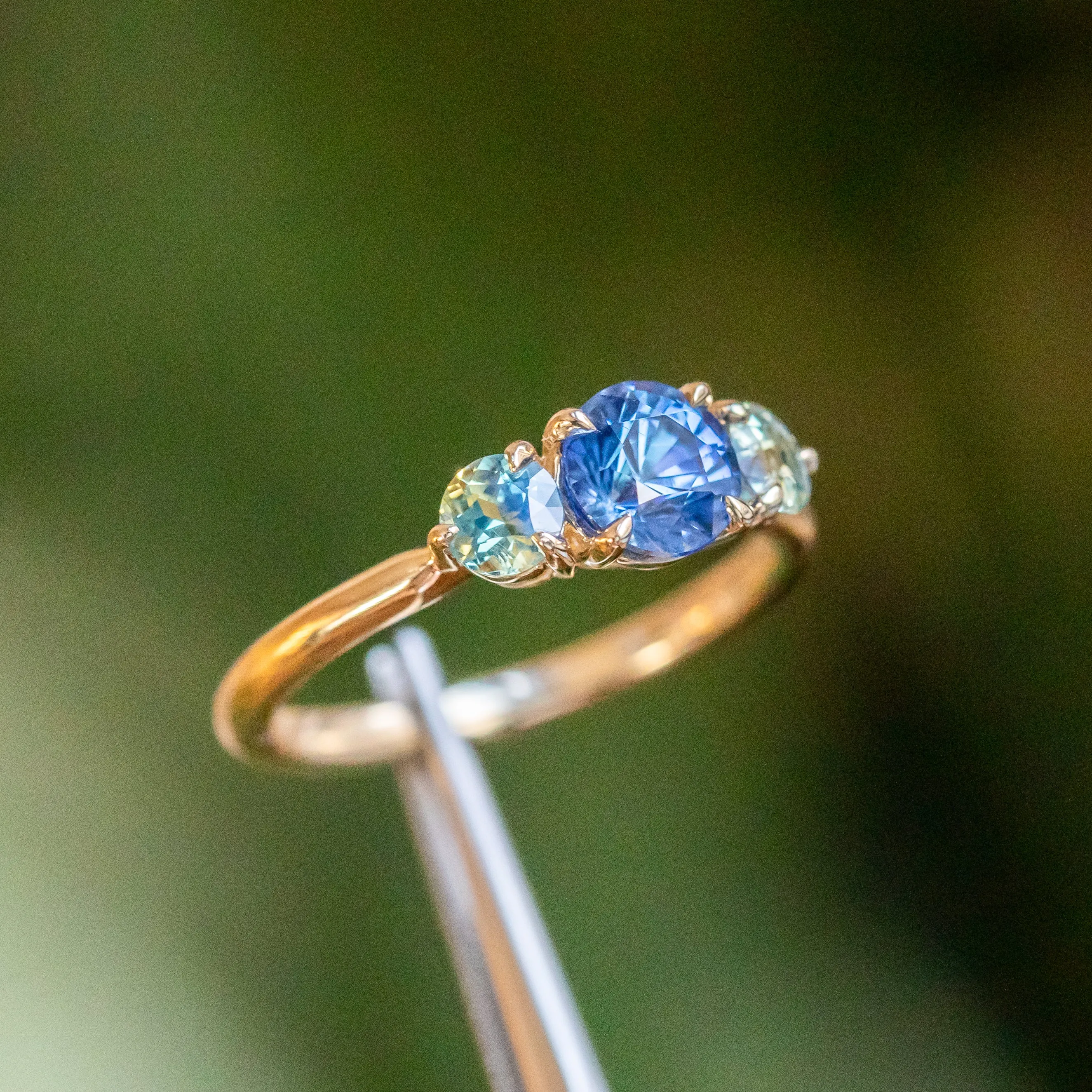 1.07ct Round Ceylon Sapphire and 3.8MM Round Sapphires Three Stone Ring in 14K Yellow Gold