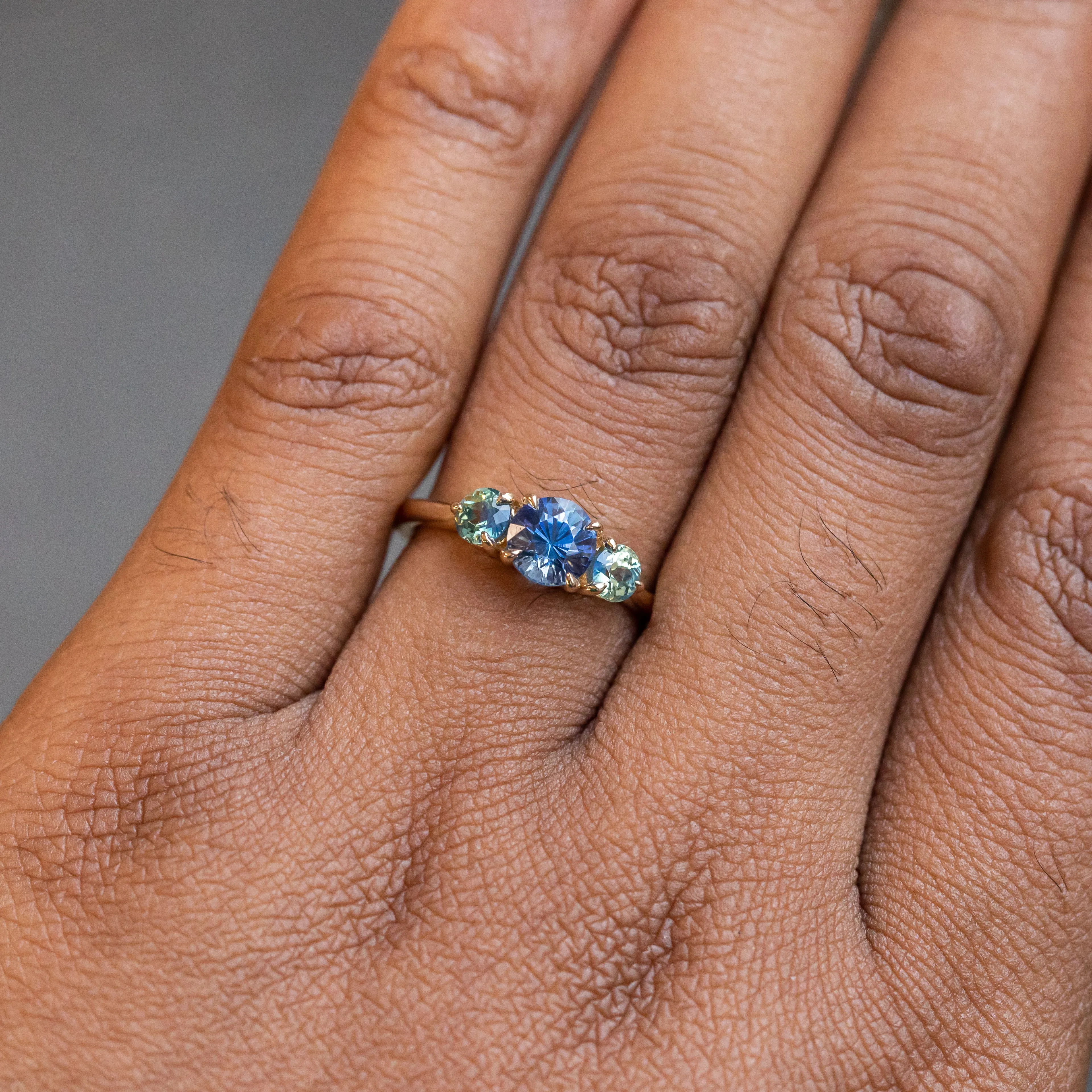 1.07ct Round Ceylon Sapphire and 3.8MM Round Sapphires Three Stone Ring in 14K Yellow Gold