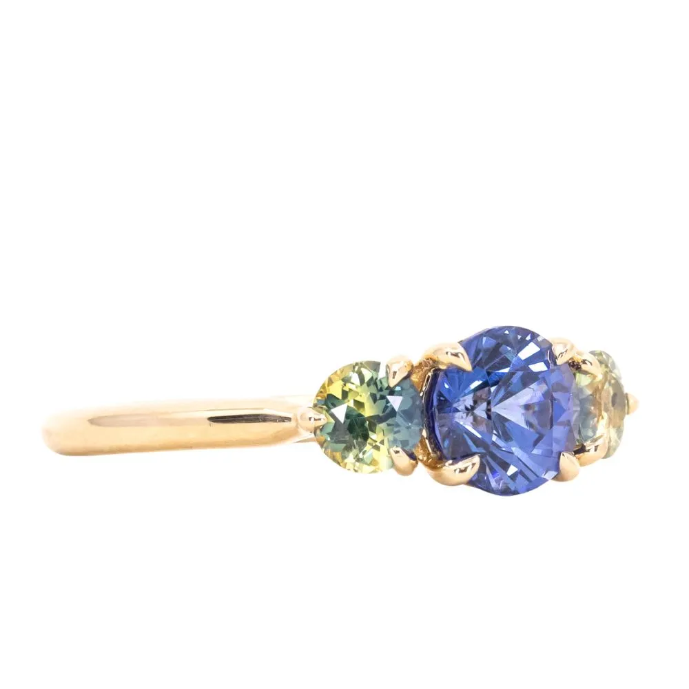 1.07ct Round Ceylon Sapphire and 3.8MM Round Sapphires Three Stone Ring in 14K Yellow Gold