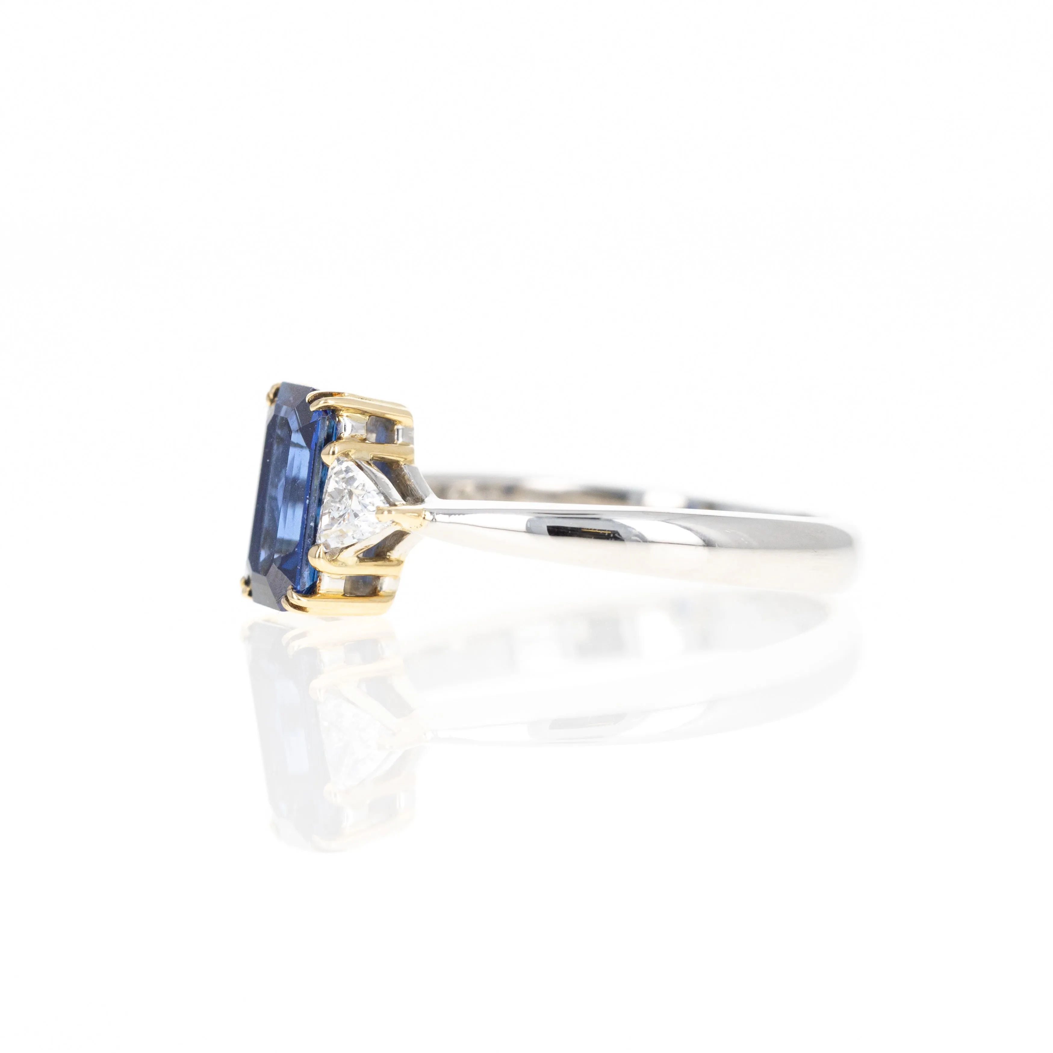 1.31 Carat Emerald Cut Natural Sapphire Diamond Three Stone Ring