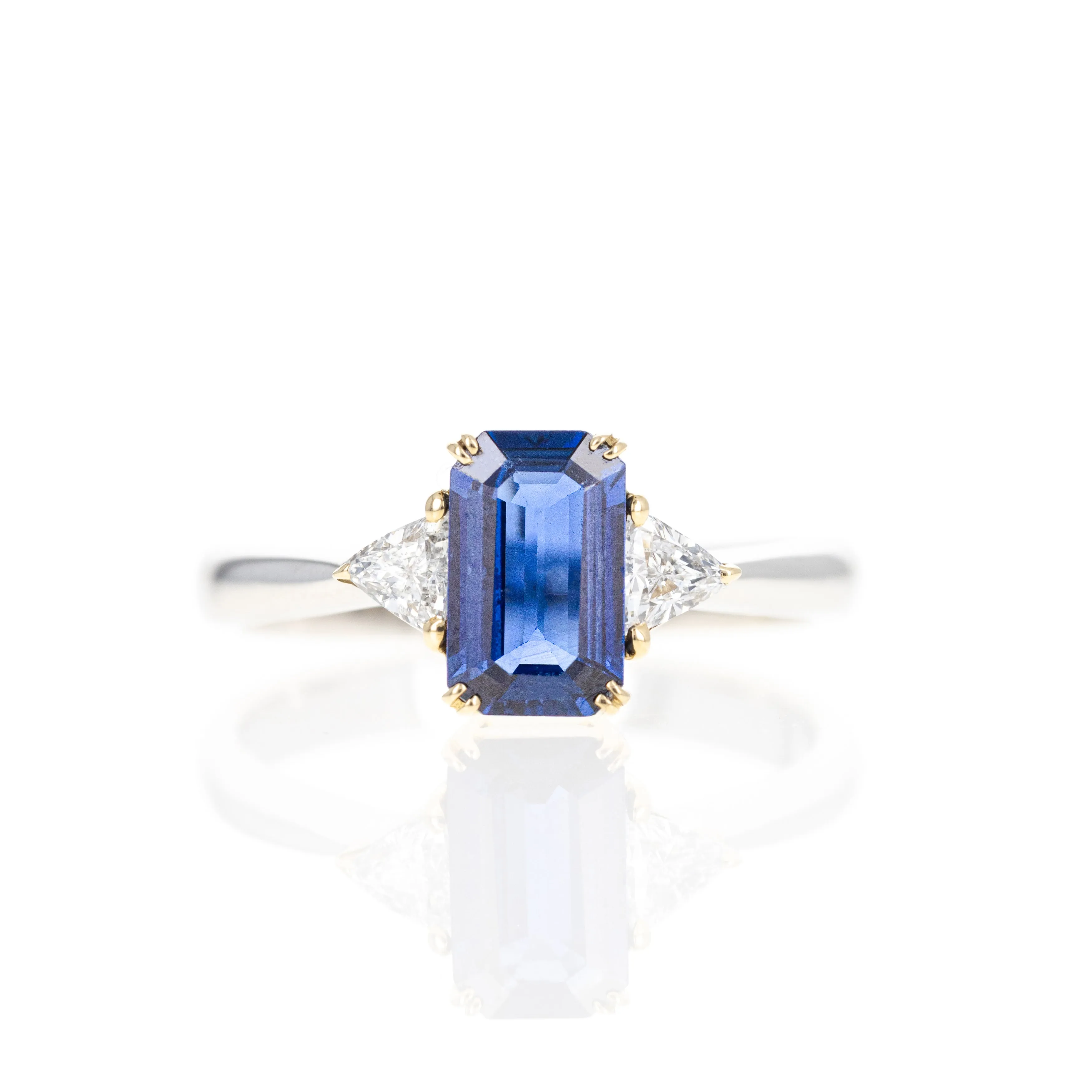 1.31 Carat Emerald Cut Natural Sapphire Diamond Three Stone Ring