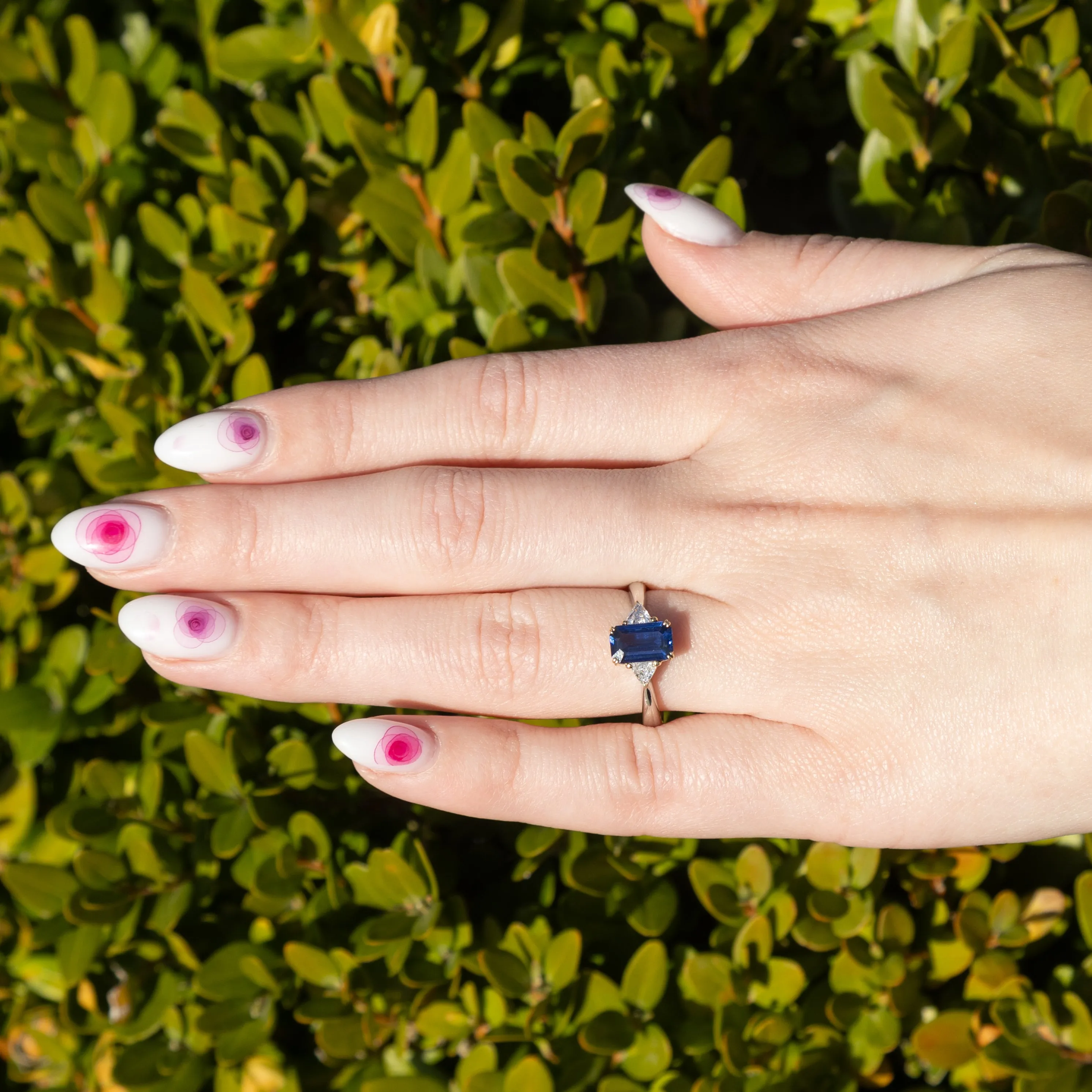 1.31 Carat Emerald Cut Natural Sapphire Diamond Three Stone Ring