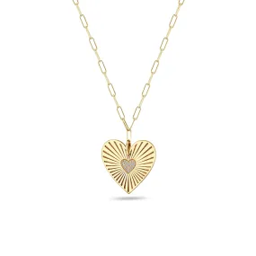 14k Large Pavé Diamond Radiant Heart Medallion on Small Paperclip Chain