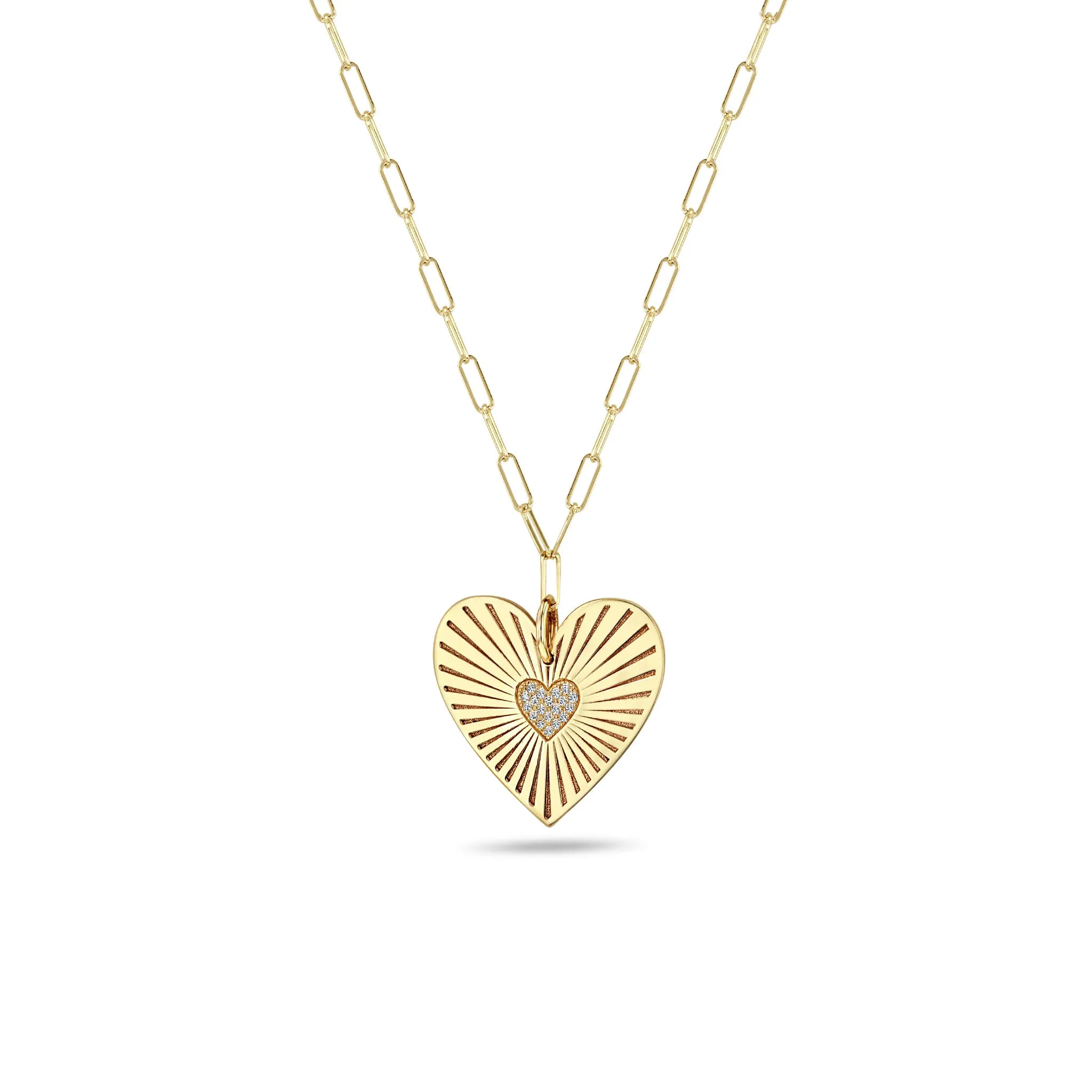 14k Large Pavé Diamond Radiant Heart Medallion on Small Paperclip Chain