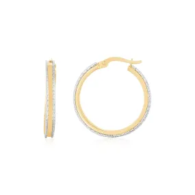 14K Two Tone Gold Diamond Cut Round Hoop Earrings