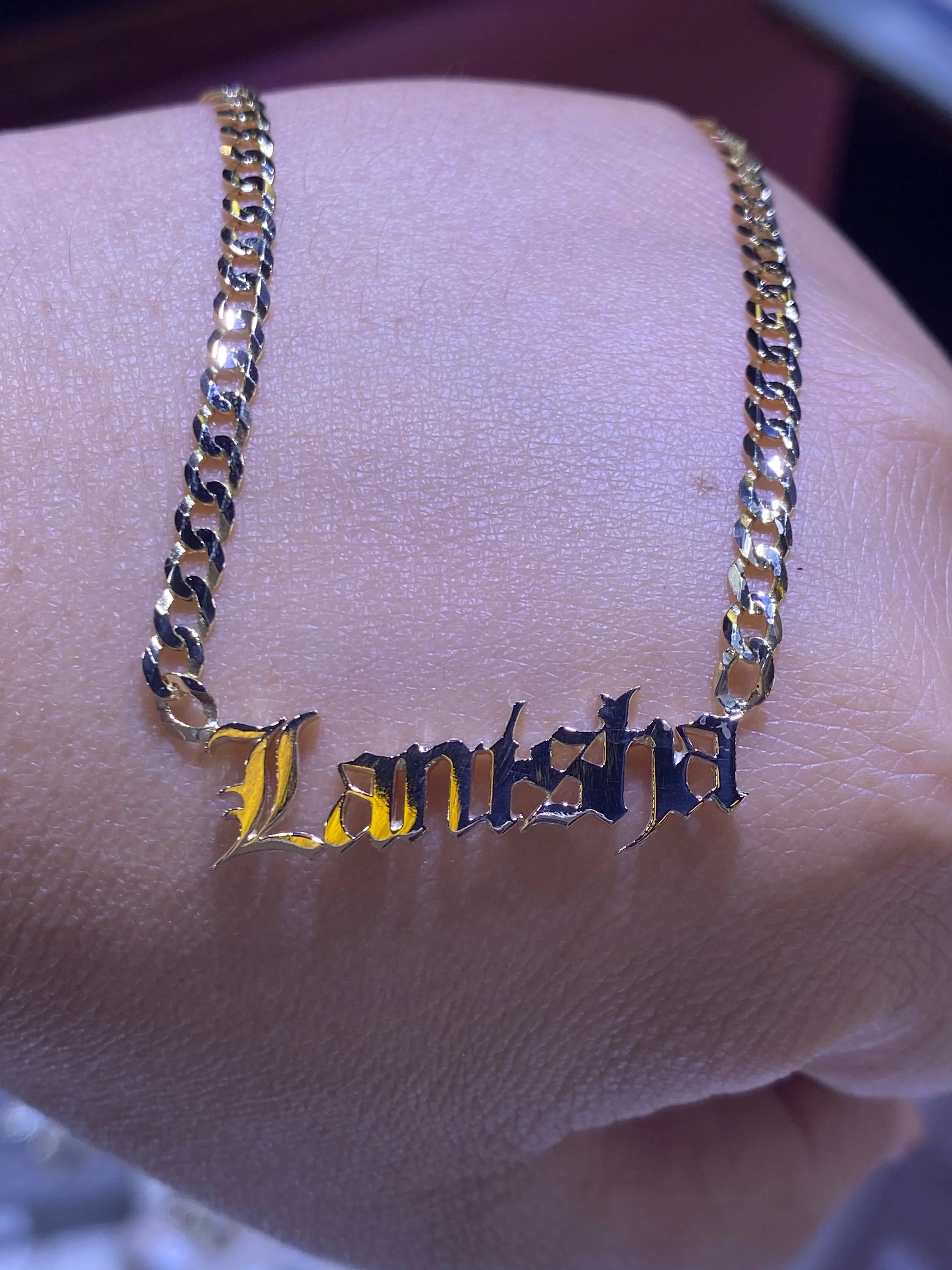 14K Yellow Gold Cuban Old English Name Necklace