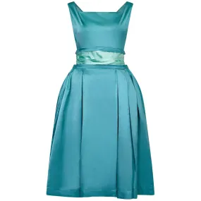 1950s Turquoise Satin Duchess Dress With Corseted Waistband