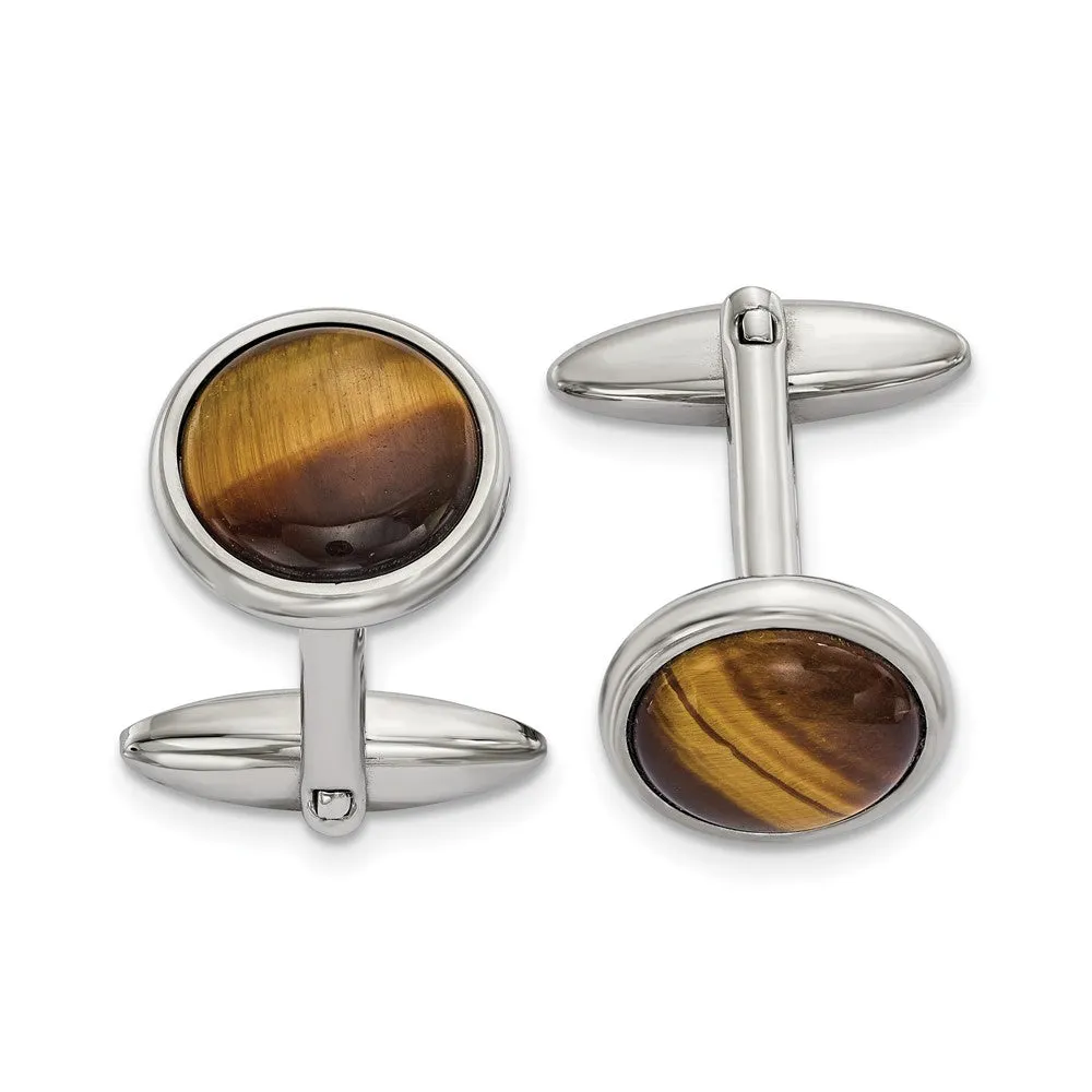 Chisel Stainless Steel Polished Tiger's Eye Circle Cufflinks