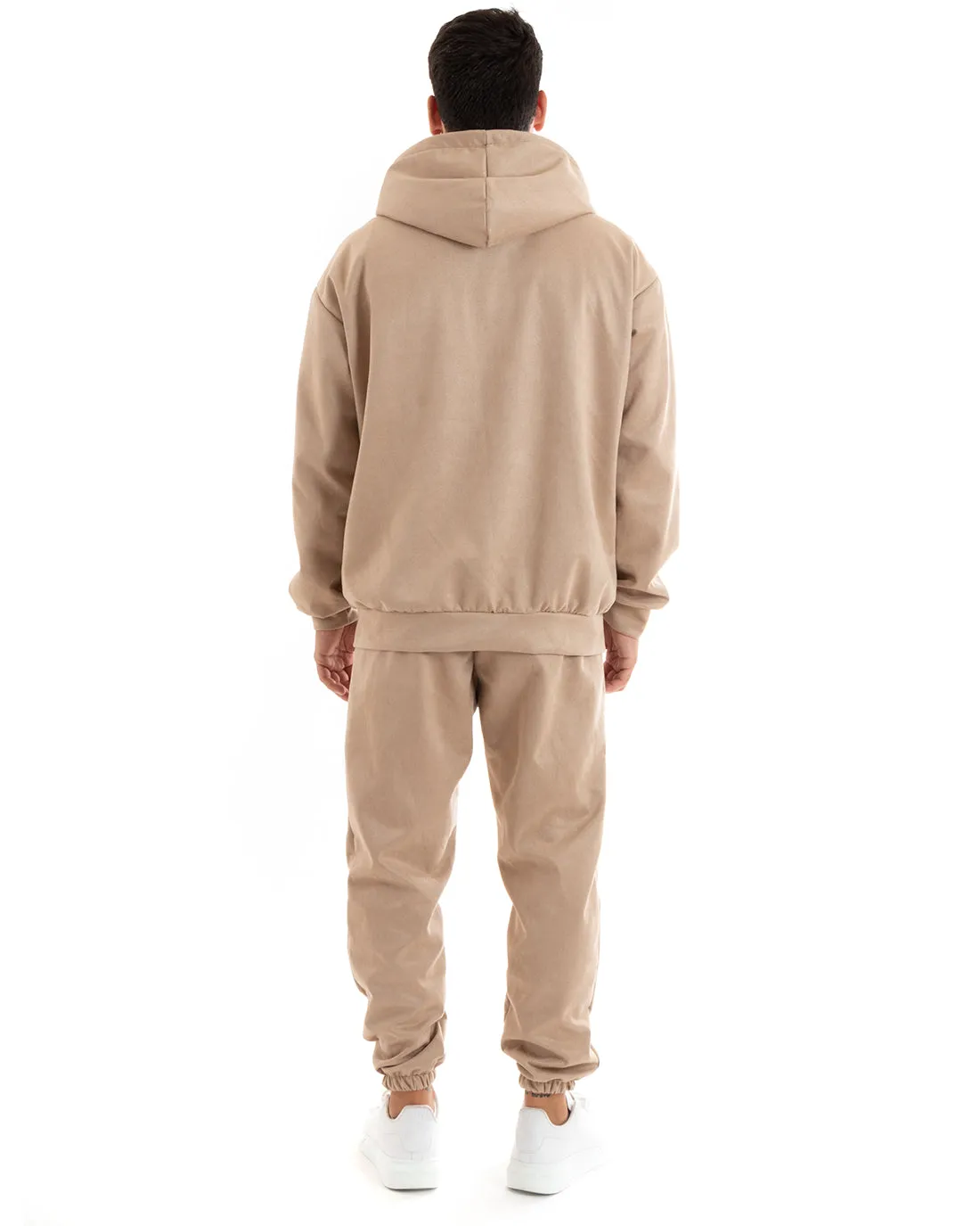 Completo Tuta Uomo Camoscio Felpa con Cappuccio e Zip Pantaloni con Coulisse Beige GIOSAL-OU2395A