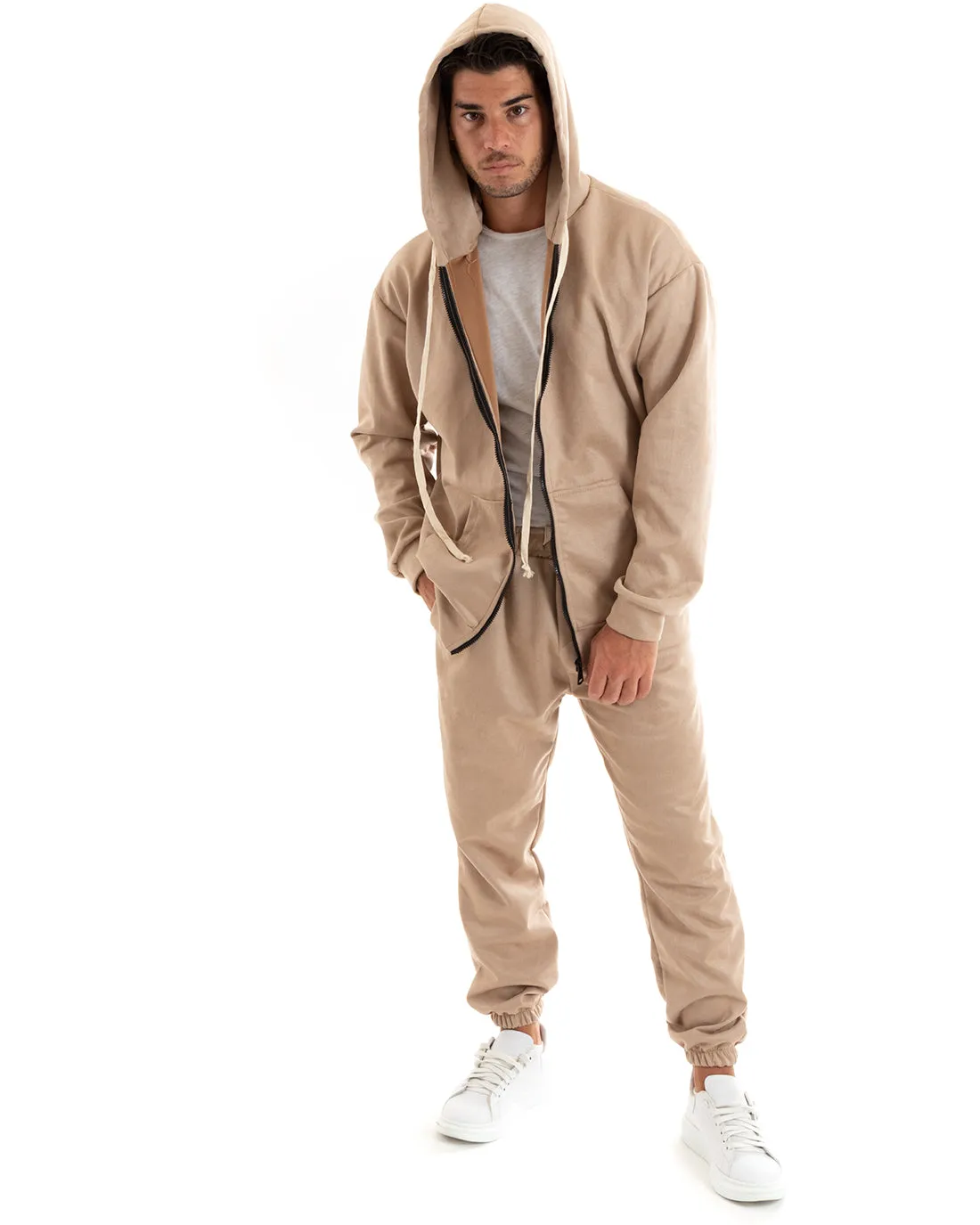 Completo Tuta Uomo Camoscio Felpa con Cappuccio e Zip Pantaloni con Coulisse Beige GIOSAL-OU2395A