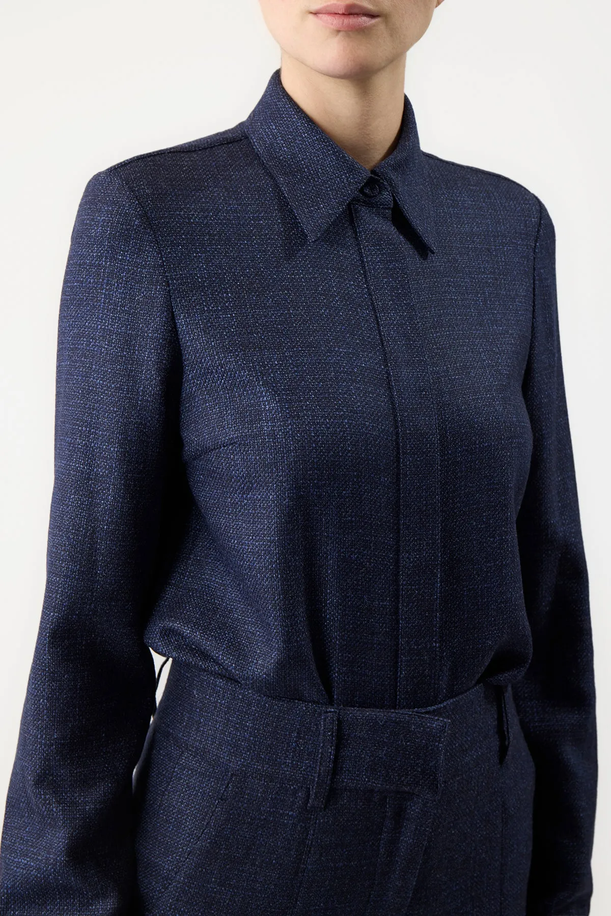 Cruz Shirt in Dark Navy Virgin Wool Silk Tweed