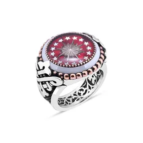 Enameled Turkish Presidential Symbol Circle Silver Men's Ring Siding Triangular Braid