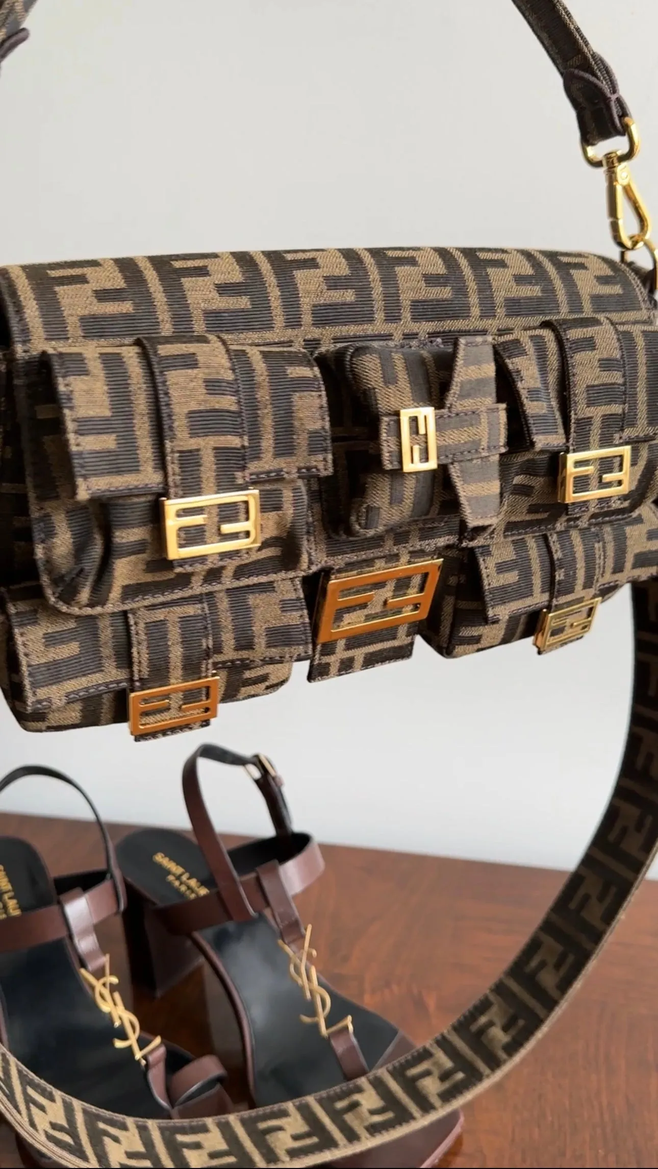 Fendi Brown Zucca FF Multi Pocket Baguette Bag