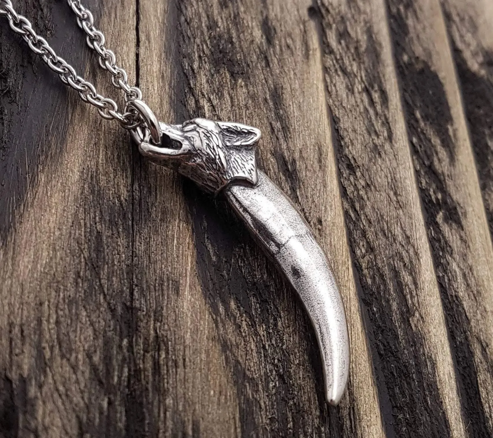 Fox Canine Tooth Pendant Charm Necklace Silver Plated Bronze