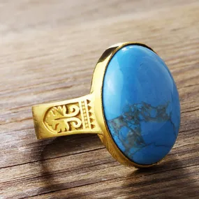 Men's Turquoise 10k Gold Ring Natural Blue Stone Art Deco Ring