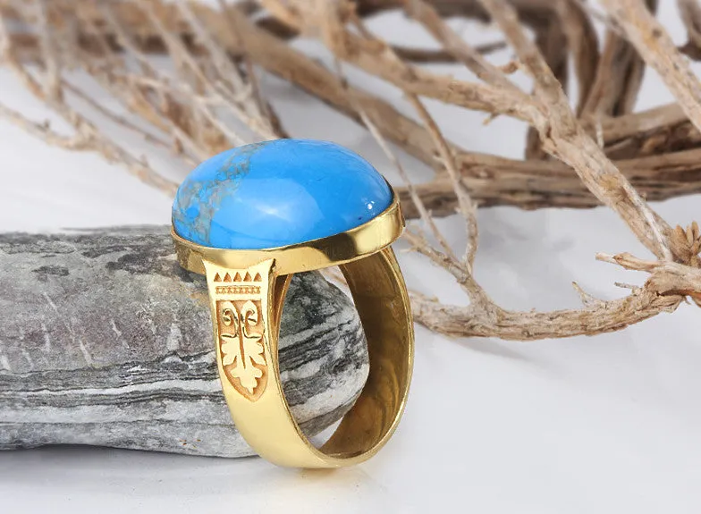 Men's Turquoise 10k Gold Ring Natural Blue Stone Art Deco Ring