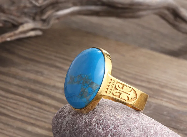 Men's Turquoise 10k Gold Ring Natural Blue Stone Art Deco Ring