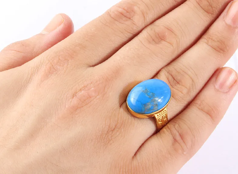 Men's Turquoise 10k Gold Ring Natural Blue Stone Art Deco Ring