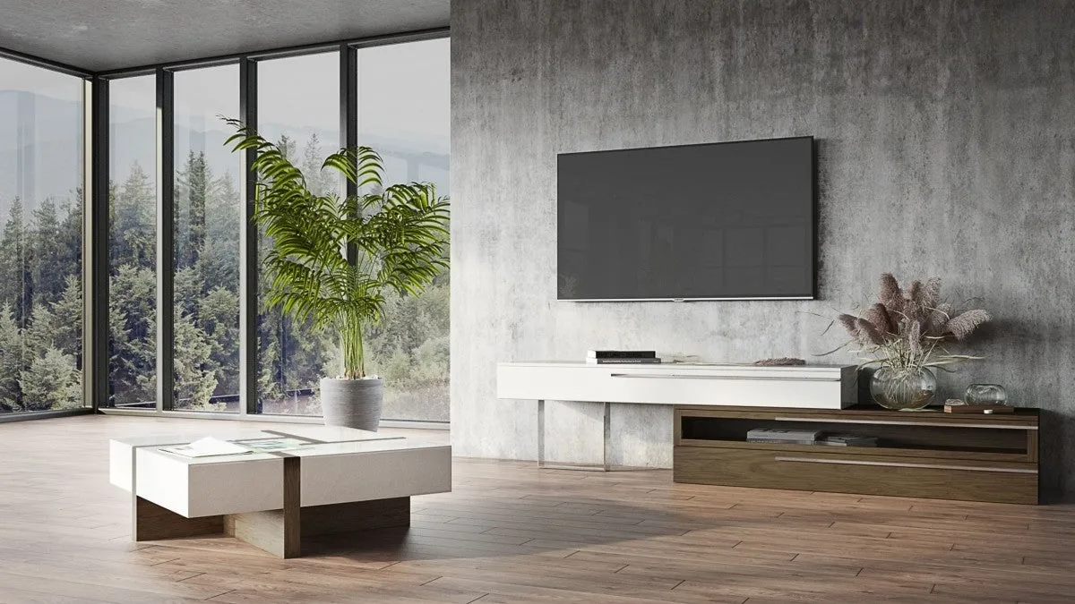 Modern White and Walnut Square Coffee Table with Storage