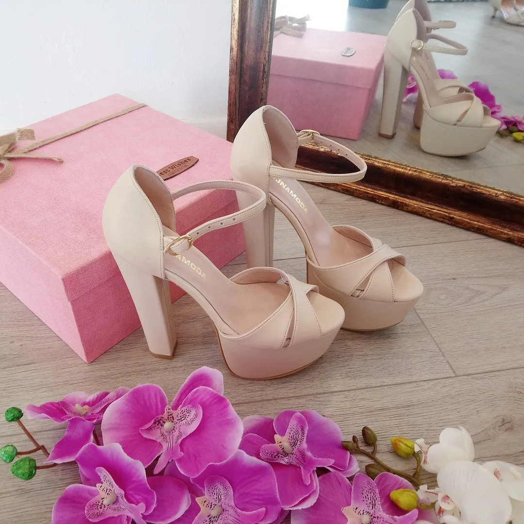 Nude Cream Cross Strap Chunky Platform Shoes