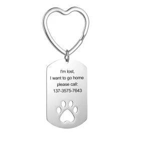 Personalized Pet Paw Print Stainless Steel Keychain