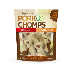 Pork Chomps 4 Assorted Bacon and Chicken Crunchy Bones, 12 count Dog Chews