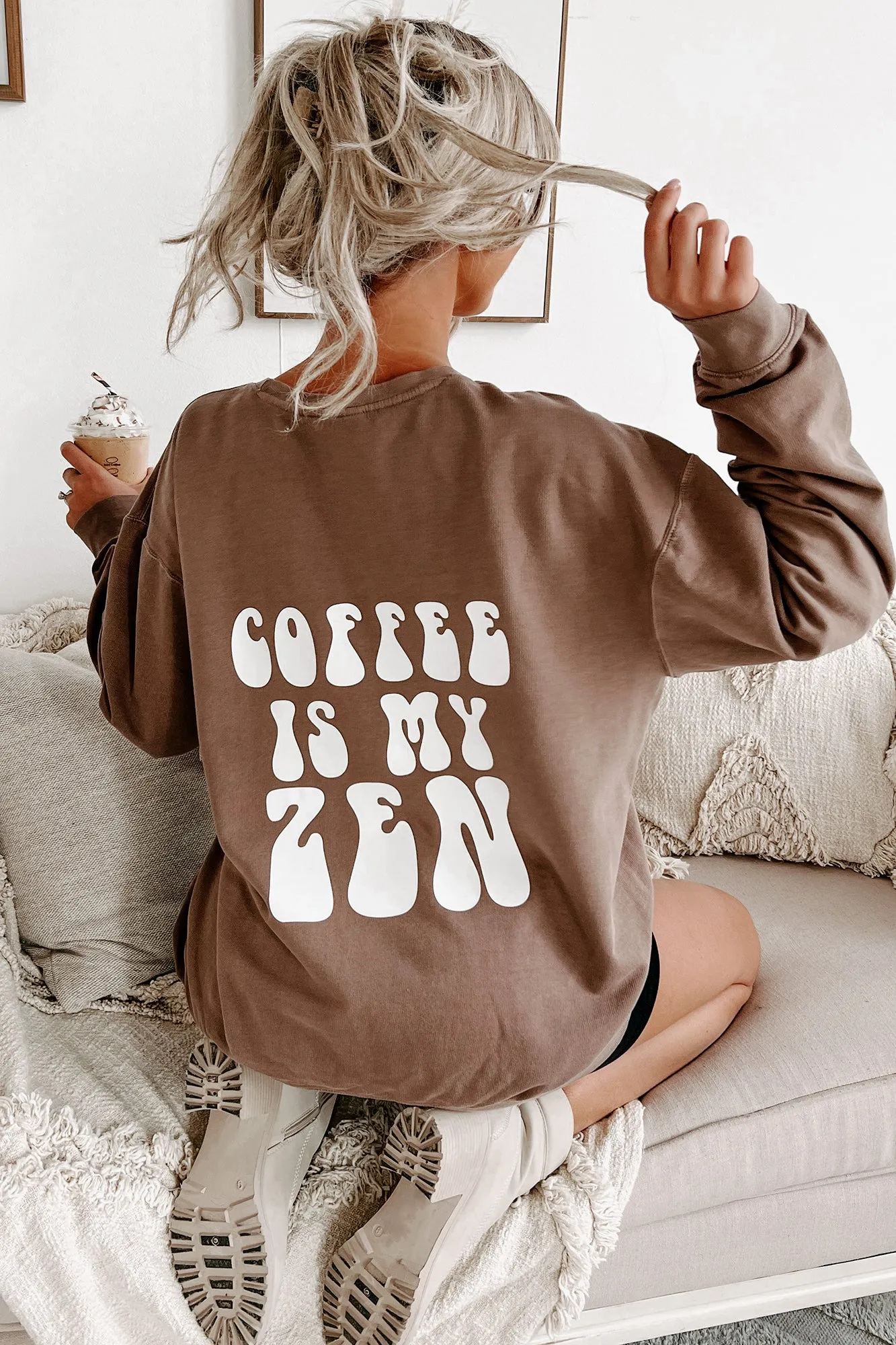 "Coffee Is My Zen" Lightweight Graphic Crewneck (Espresso) - Print On Demand