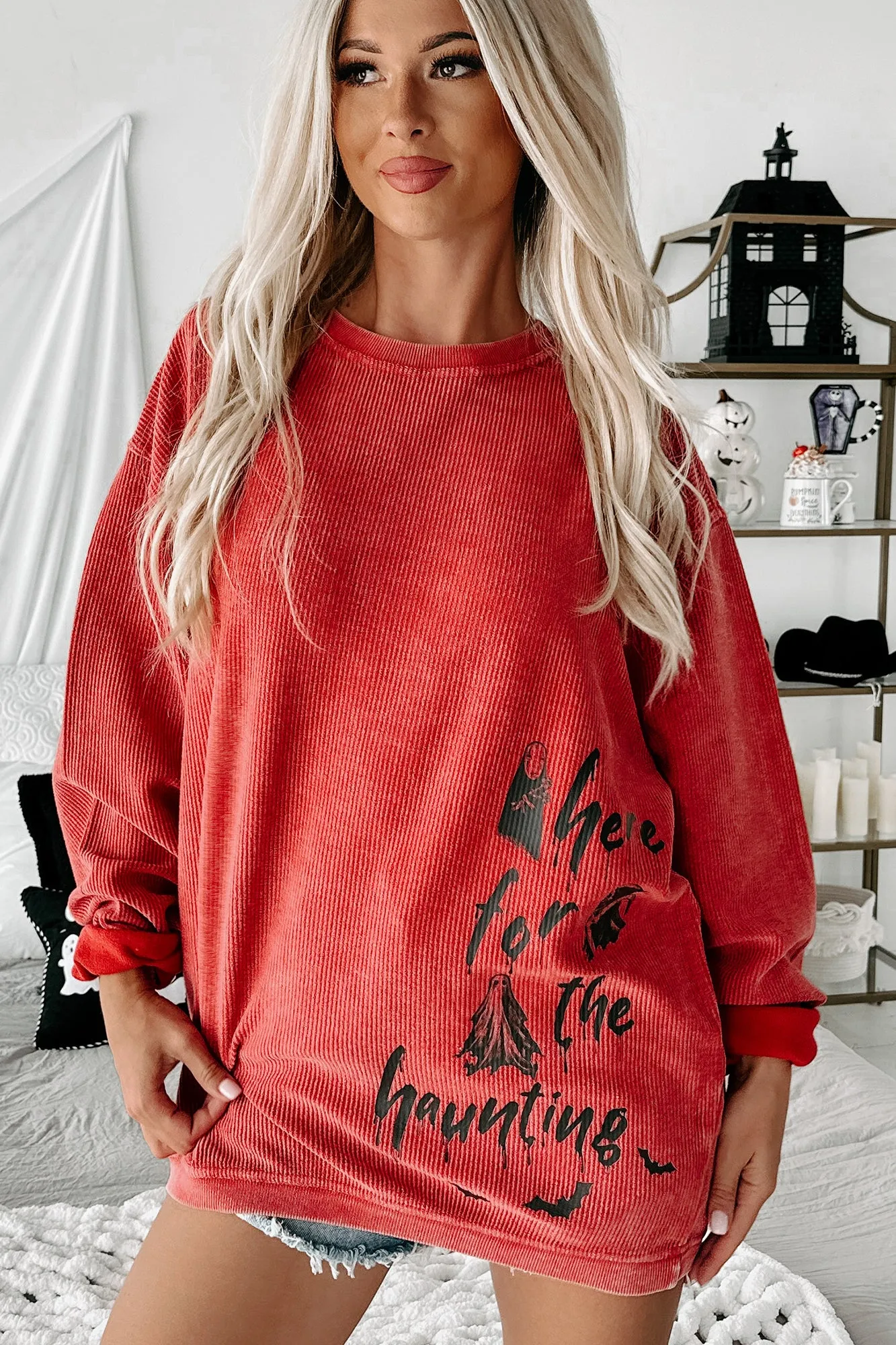 "Here For The Haunting" Corded Graphic Crewneck (Red) - Print On Demand