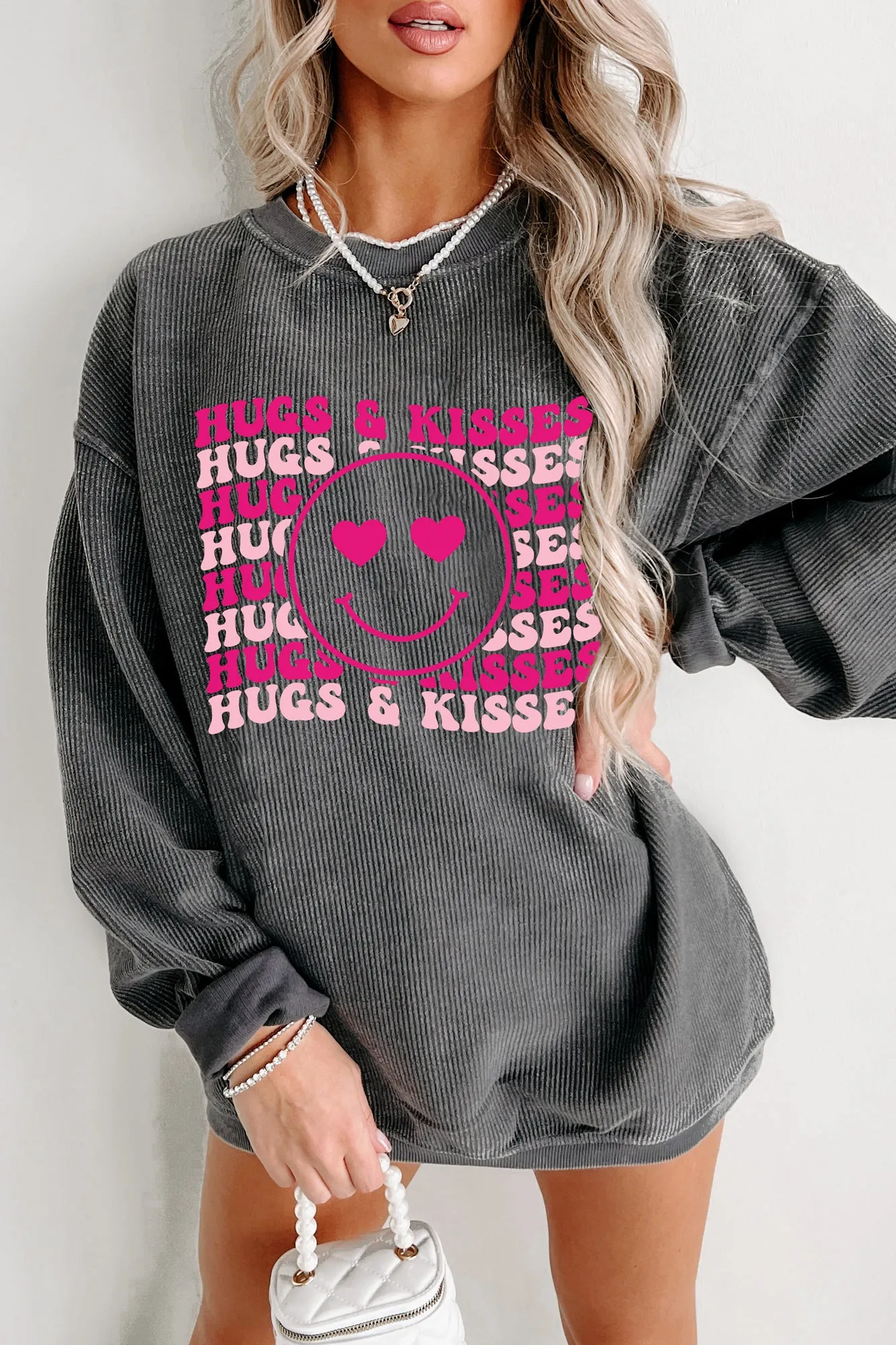 "Hugs & Kisses" Corded Graphic Crewneck (Charcoal) - Print On Demand