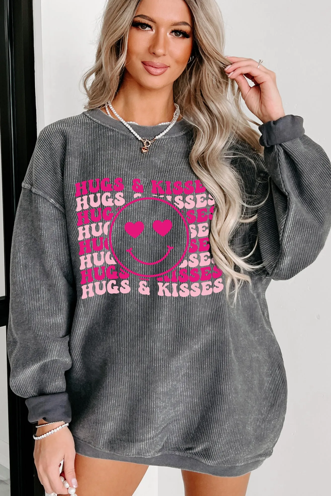 "Hugs & Kisses" Corded Graphic Crewneck (Charcoal) - Print On Demand