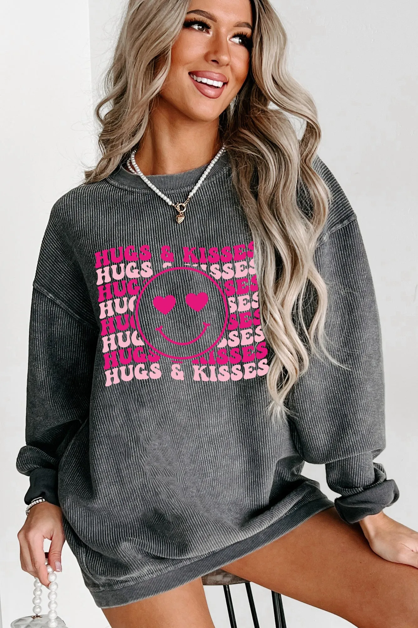 "Hugs & Kisses" Corded Graphic Crewneck (Charcoal) - Print On Demand