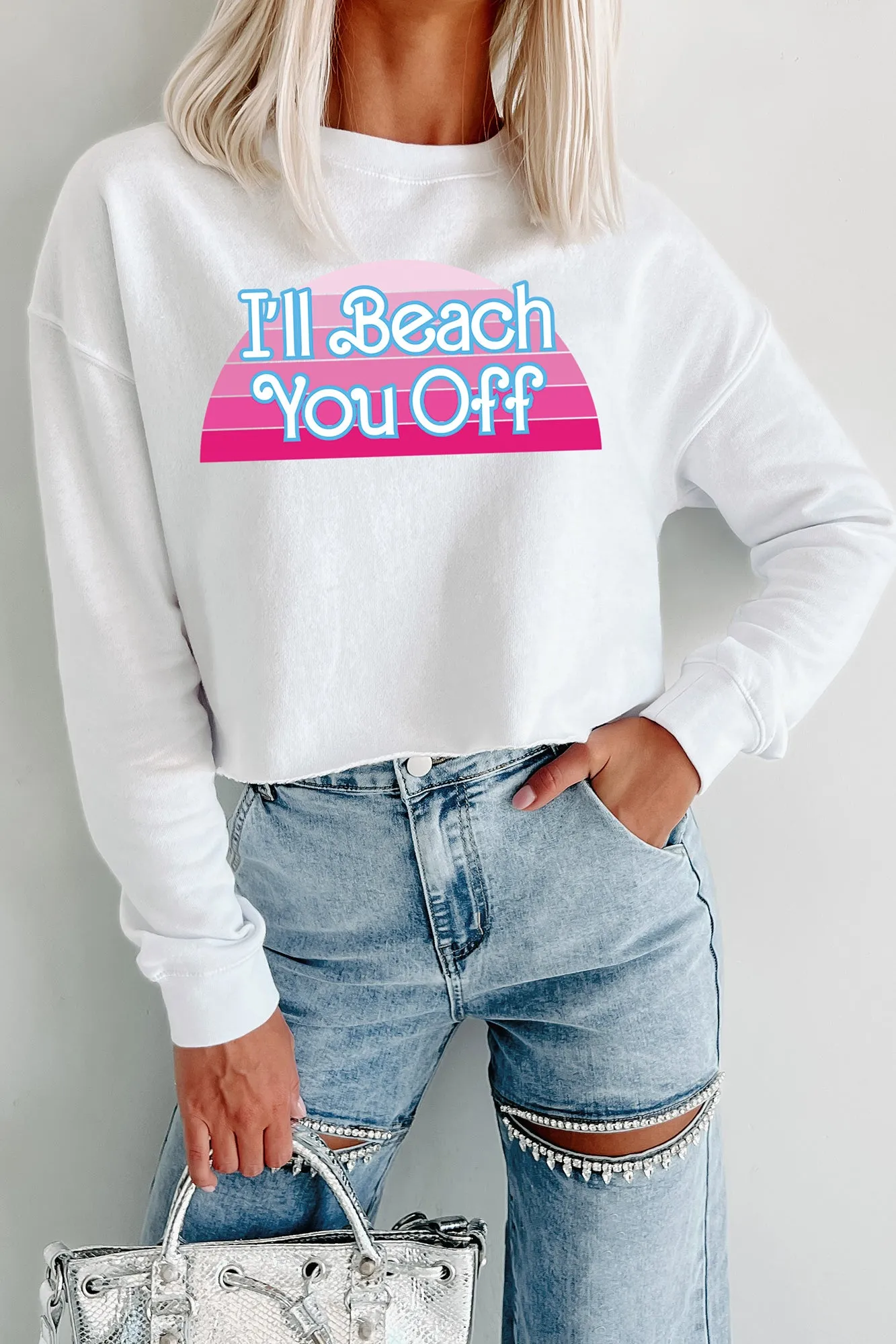 "I'll Beach You Off" Raw Hem Crop Graphic Crewneck (White) - Print On Demand