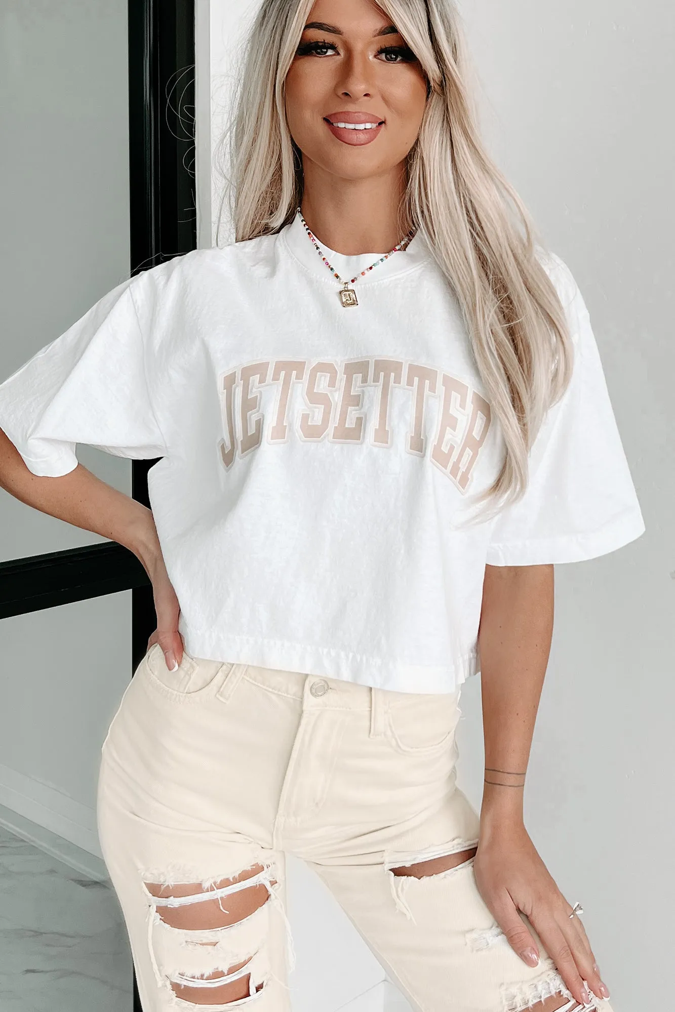 "Jetsetter" Oversized Graphic Crop Tee (White) - Print On Demand