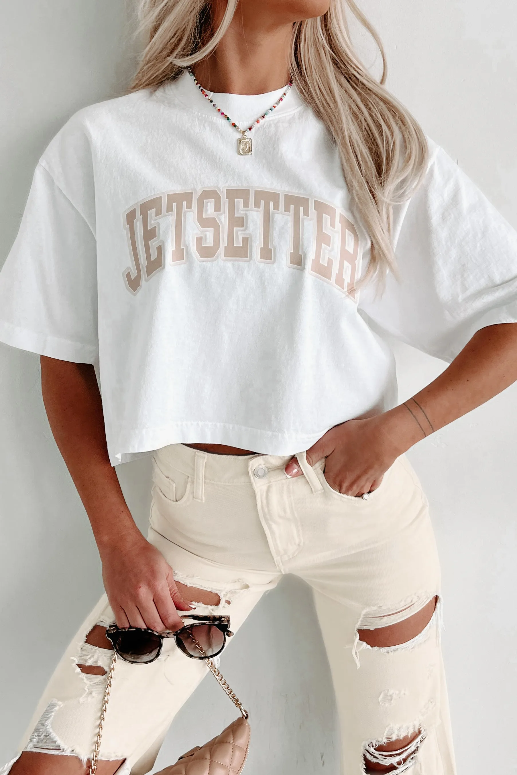 "Jetsetter" Oversized Graphic Crop Tee (White) - Print On Demand