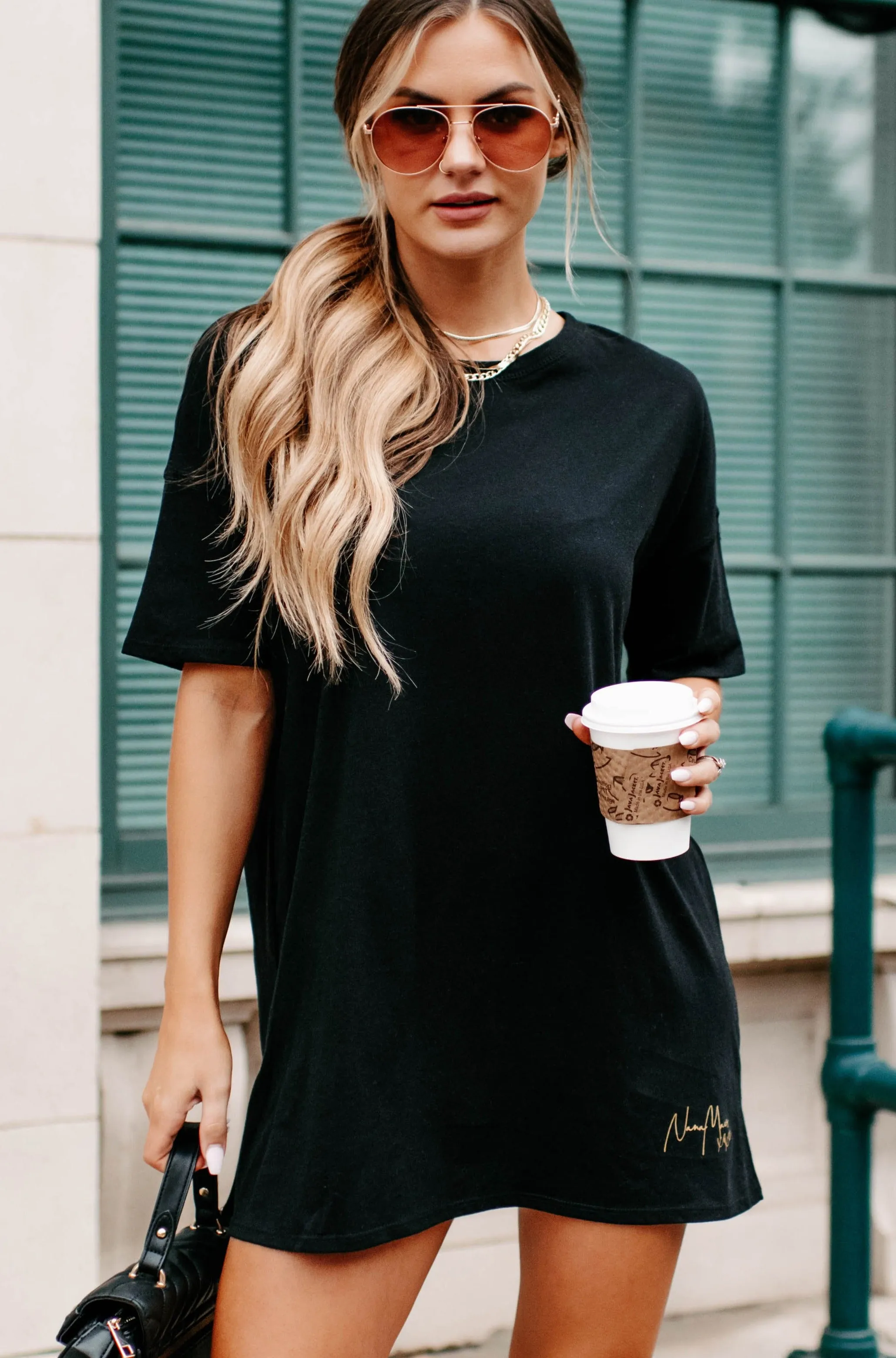 "NanaMacs XOXO" Oversized Graphic T-Shirt Dress (Black/Gold Text-Lower Front) - Print On Demand