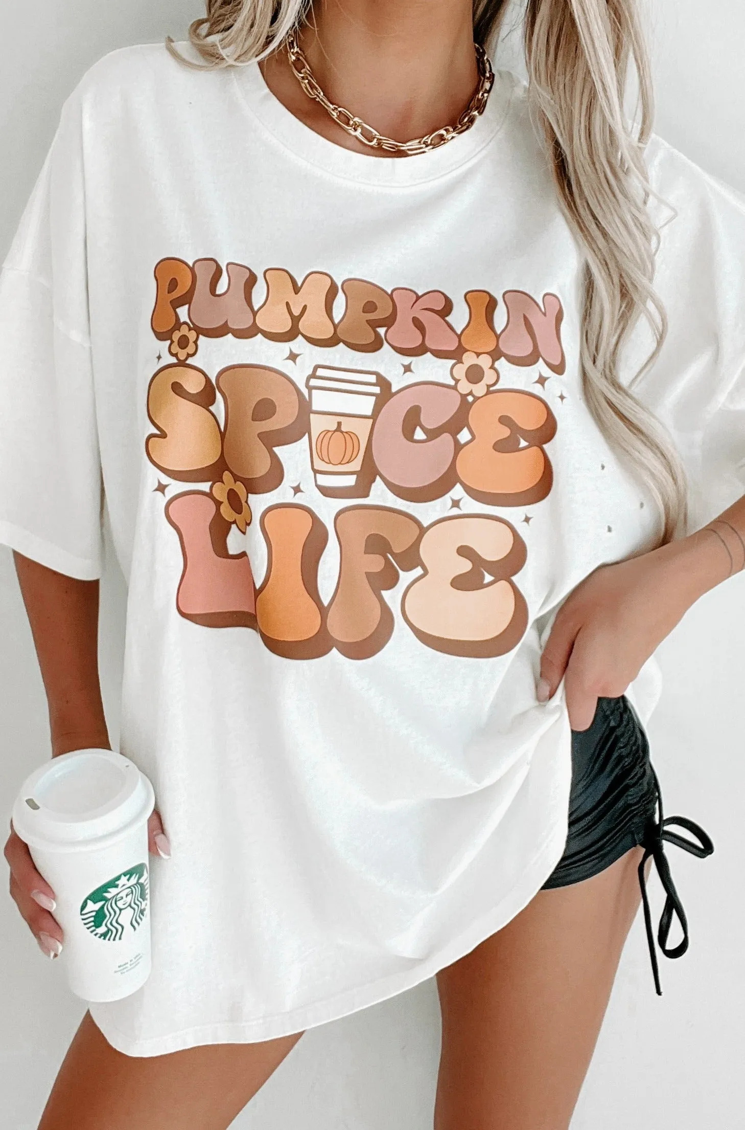 "Pumpkin Spice Life" Oversized Distressed Graphic T-Shirt (Off White) - Print On Demand