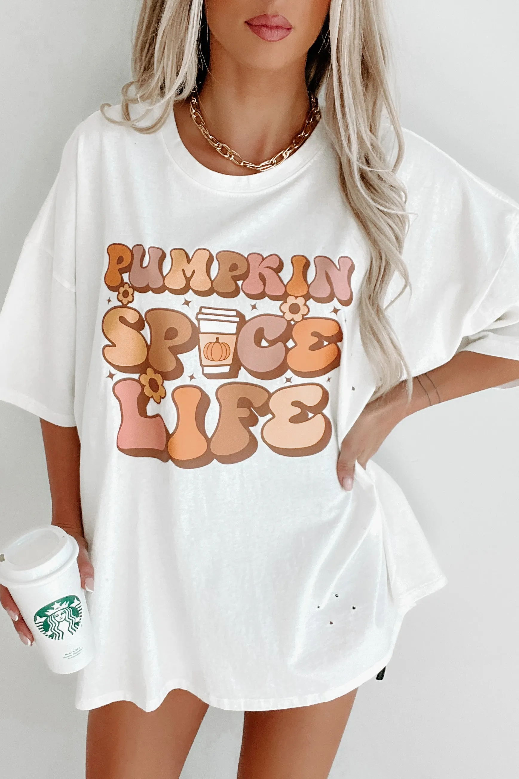 "Pumpkin Spice Life" Oversized Distressed Graphic T-Shirt (Off White) - Print On Demand