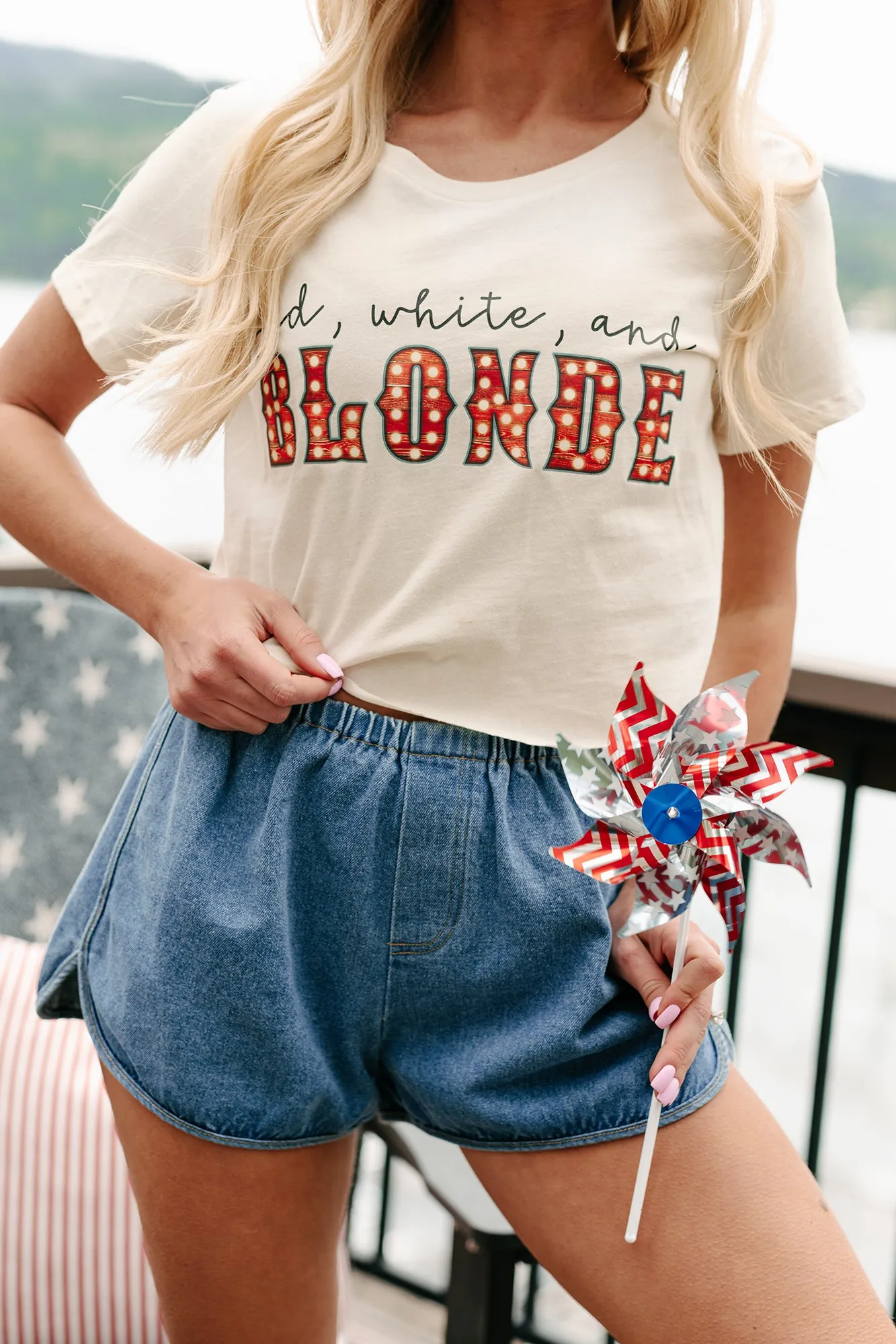 "Red, White, and Blonde” Graphic Crop Tee (Cream) - Print On Demand