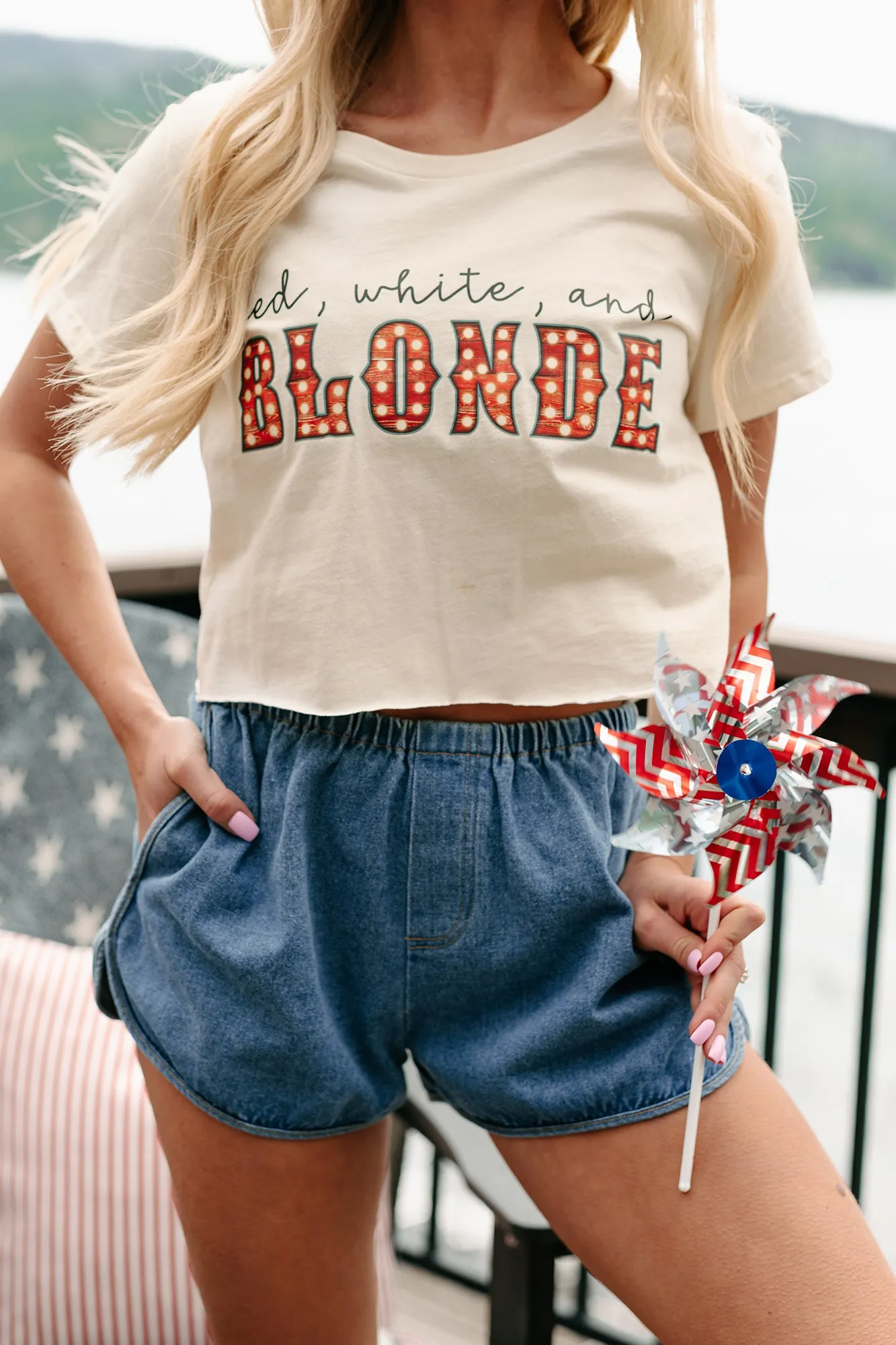 "Red, White, and Blonde” Graphic Crop Tee (Cream) - Print On Demand