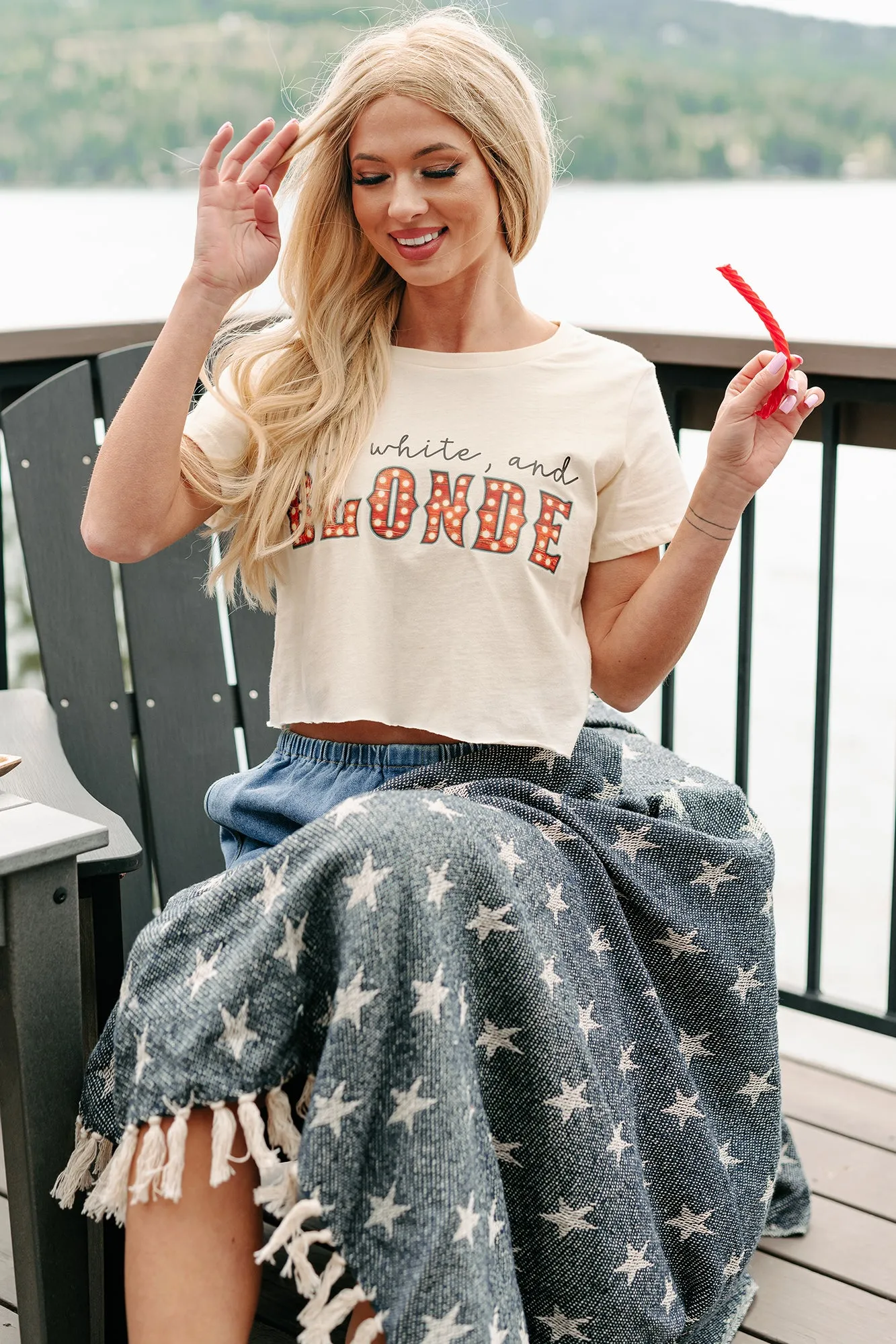 "Red, White, and Blonde” Graphic Crop Tee (Cream) - Print On Demand