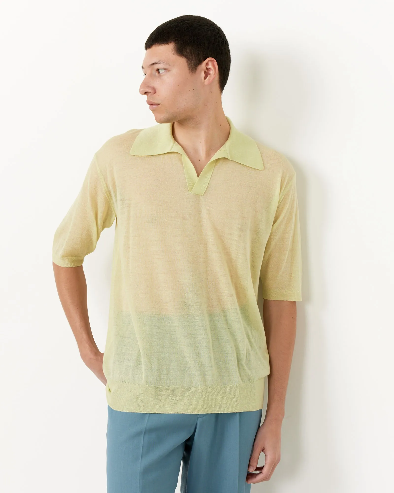 Silk Knit Skipper Polo in Lime Yellow