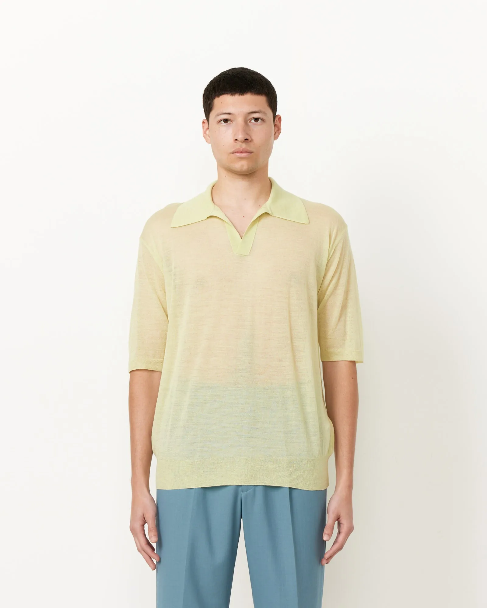 Silk Knit Skipper Polo in Lime Yellow