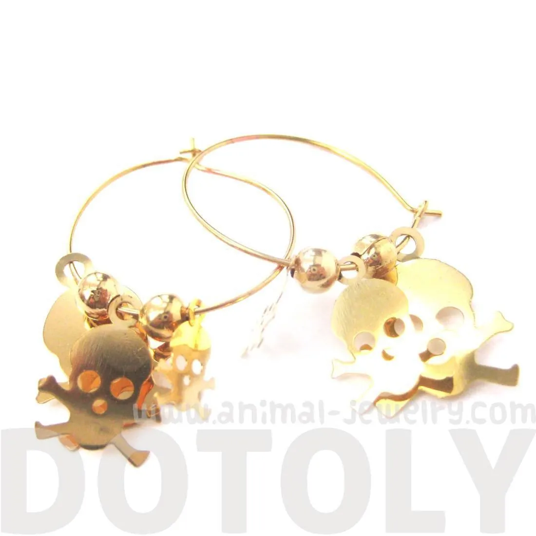 Skeleton Skull Bones Pirate Silhouette Shaped Dangle Hoop Earrings in Gold | DOTOLY