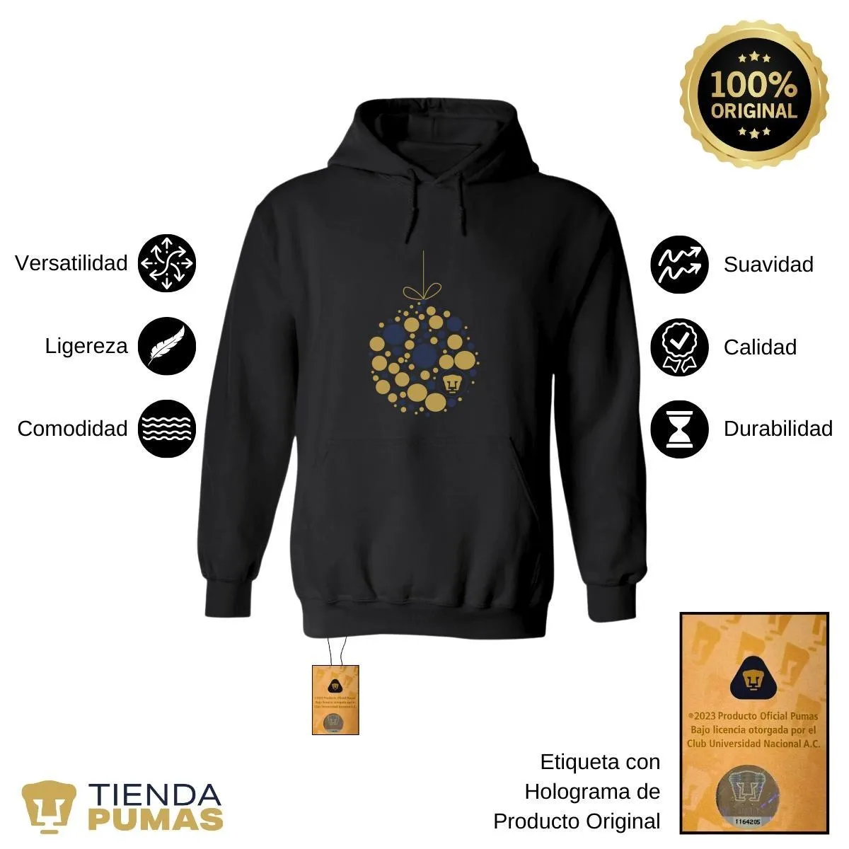 Sudadera Hombre Hoodie Pumas UNAM Esfera Navidad