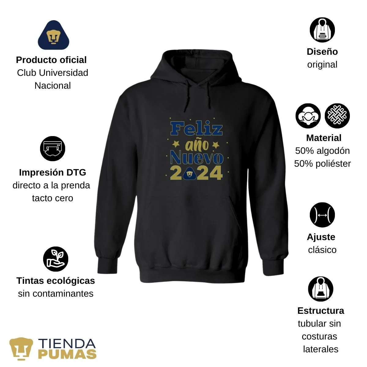 Sudadera Hombre Hoodie Pumas UNAM Feliz Ao Nuevo