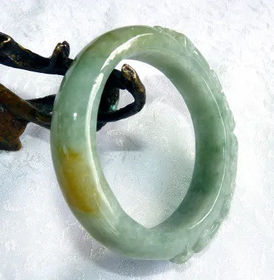 Two Dragons Protect Coins, Flowers Burmese Jadeite Old Mine Bangle Bracelet 55 mm (BB2977)