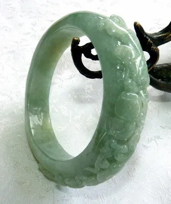 Two Dragons Protect Coins, Flowers Burmese Jadeite Old Mine Bangle Bracelet 55 mm (BB2977)