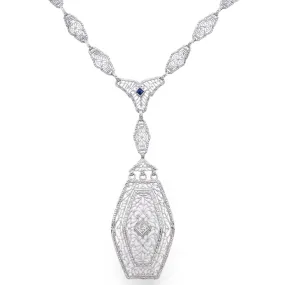 Vintage 13K White Gold Sapphire & Diamond Filigree Pendant Necklace